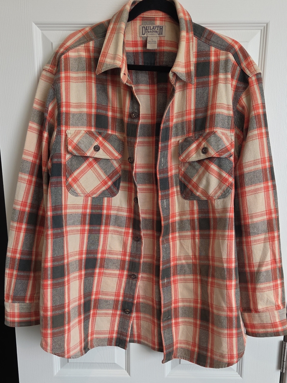 Duluth Trading Co Plaid Button-Down Shirt in Cream & Orange